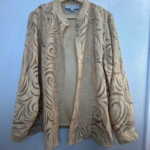 Samantha Grey Tan Swirl Burnout 2-Piece Blouse Camisole Set Rhinestone Size 12